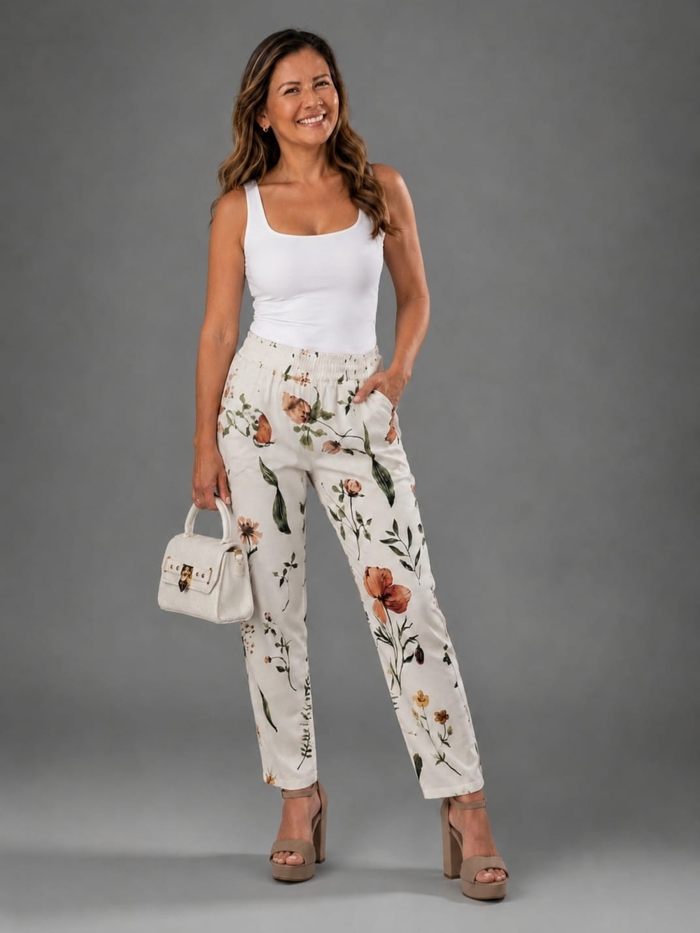 NWOT Cream Floral Straight Leg Boho Pants - Botanical Print Trousers - Size L